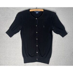 Vintage Ralph Lauren Cardigan Sweater Women's M Black Short Sleeve Preppy Goth